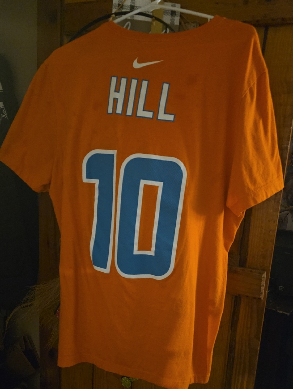 Miami Dolphins Nike Orange Tee with Blue & White 'HILL' 10 Graphic